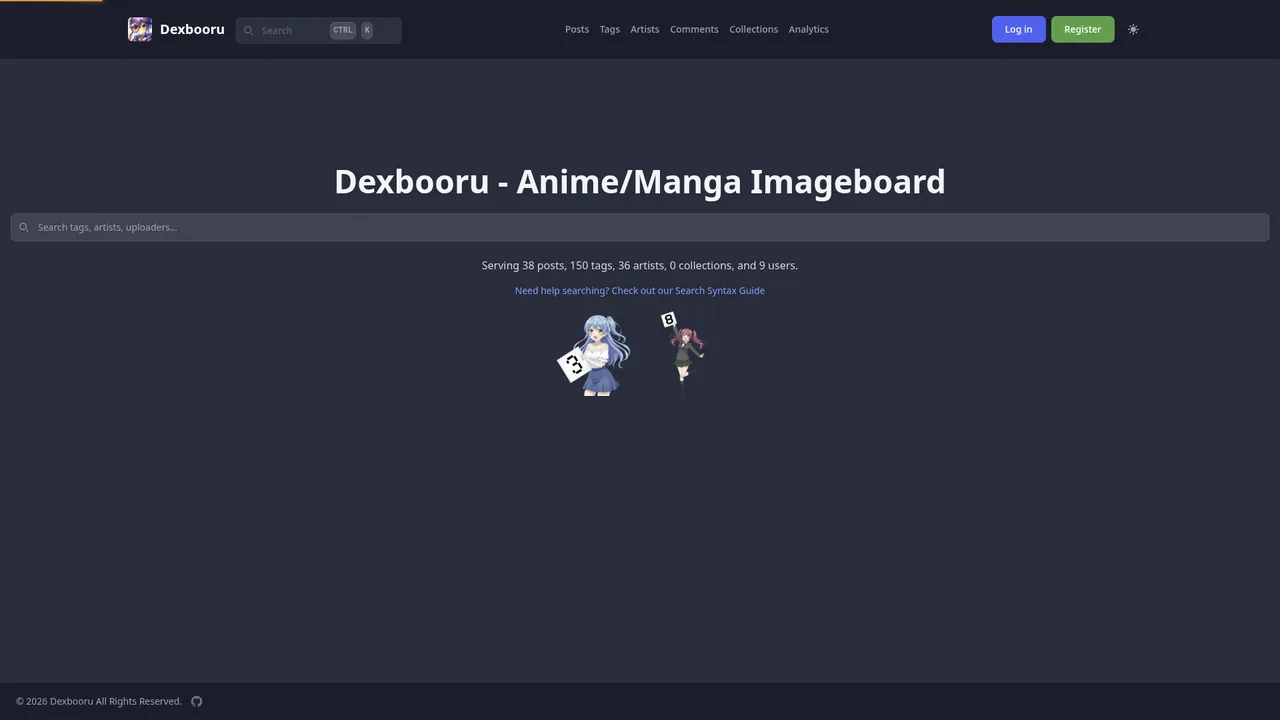 Dexbooru home page with search and live stats