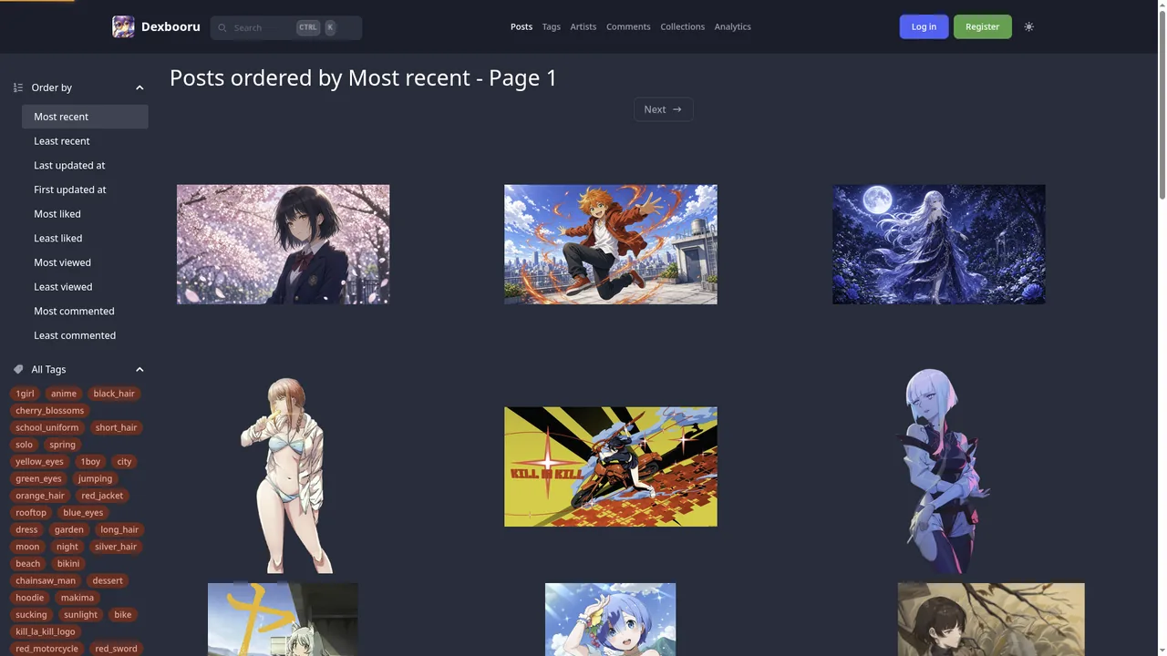 Posts browse with filters, tag sidebar, and thumbnail grid